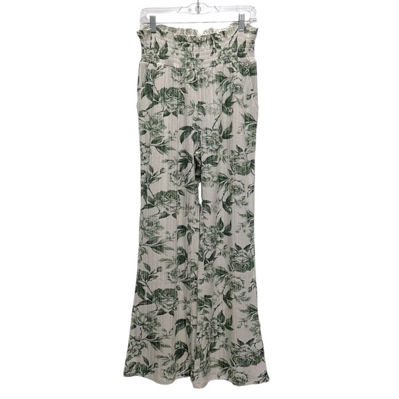 NEW CHASER Rose Print Toile Flare Leg Pull-on Pants Smocked Waist Size Small - Picture 1 of 9